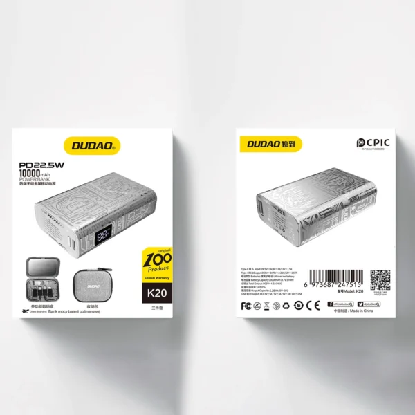 Dudao K20 USB-A / USB-C Powerbank 10000mAh 22.5W - silvereng