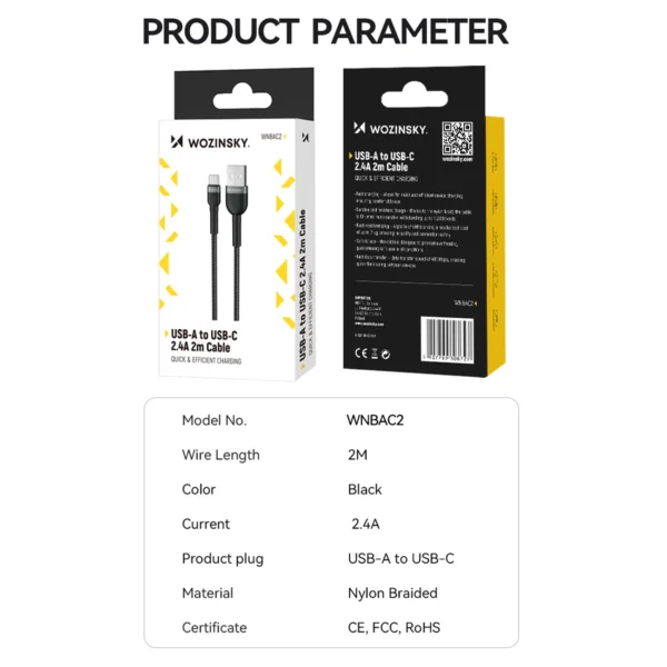 Wozinsky WNBAC1 USB-A / USB-C 2.4A cable 1 m - blackeng