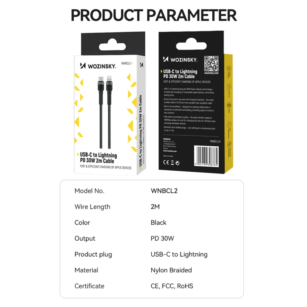 Wozinsky WNBCL2 Lightning / USB-C PD 30W cable 2 m - blackeng