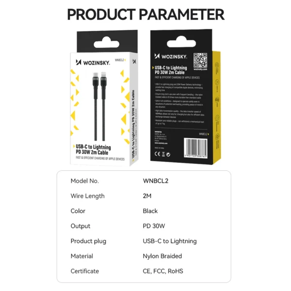 Wozinsky WNBCL2 Lightning / USB-C PD 30W cable 2 m - blackeng