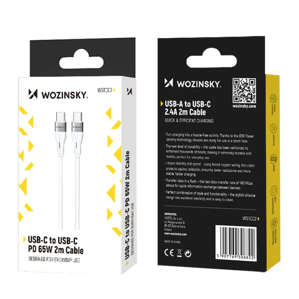 Wozinsky WSTCC2 USB-C / USB-C PD 65W cable 2 m - whiteeng