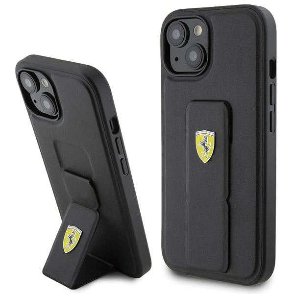 Ferrari Grip Stand Metal Logo case for iPhone 15 - blackeng