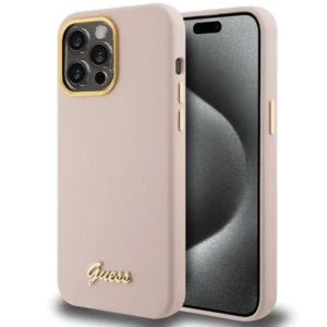 Guess Silicone Script Metal Logo & Frame case for iPhone 15 Pro - pinkeng