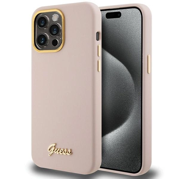 Guess Silicone Script Metal Logo & Frame case for iPhone 15 Pro - pinkeng