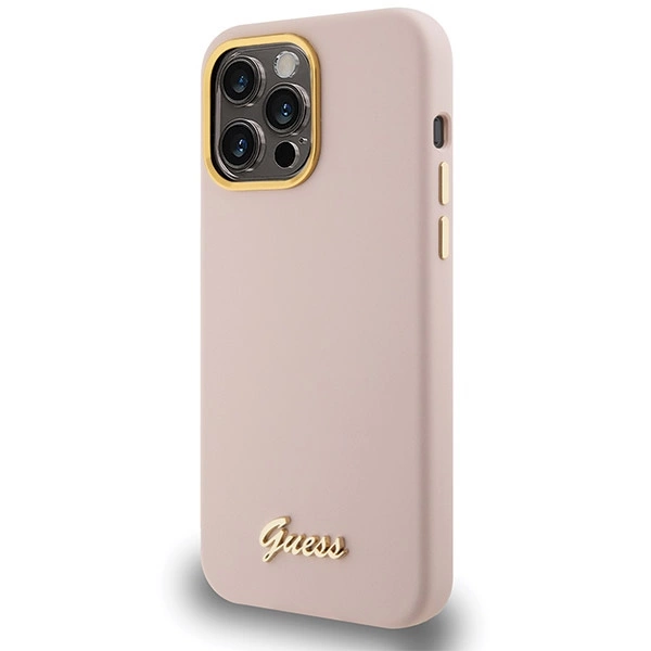 Guess Silicone Script Metal Logo & Frame case for iPhone 15 Pro - pinkeng