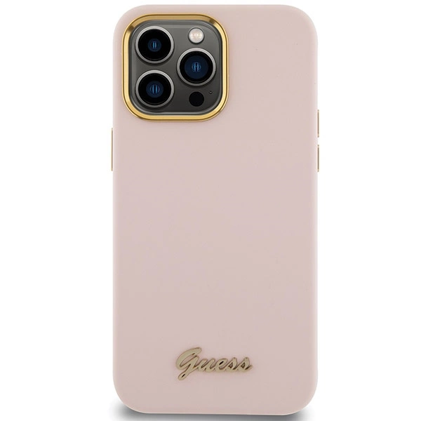 Guess Silicone Script Metal Logo & Frame case for iPhone 15 Pro - pinkeng