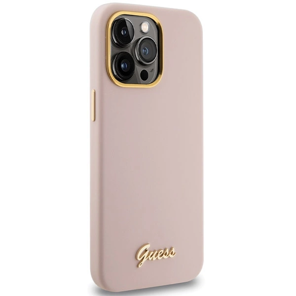 Guess Silicone Script Metal Logo & Frame case for iPhone 15 Pro - pinkeng