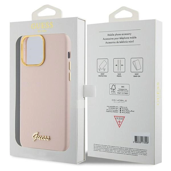 Guess Silicone Script Metal Logo & Frame case for iPhone 15 Pro - pinkeng