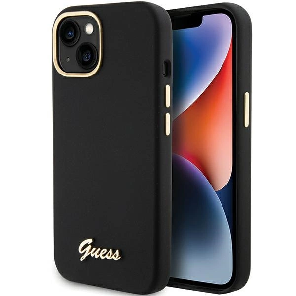 Guess Silicone Script Metal Logo & Frame case for iPhone 15 - blackeng