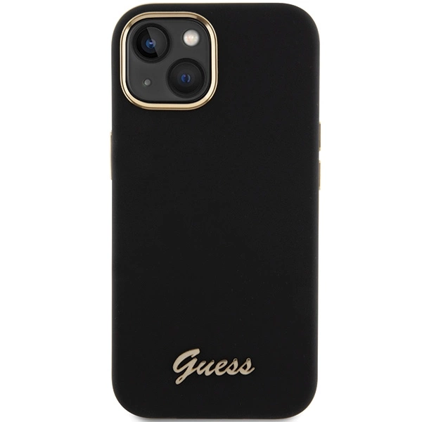 Guess Silicone Script Metal Logo & Frame case for iPhone 15 - blackeng