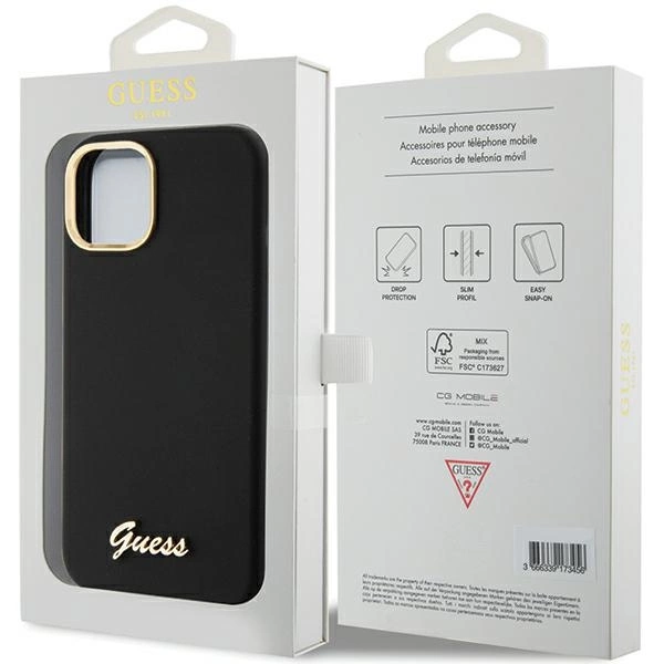 Guess Silicone Script Metal Logo & Frame case for iPhone 15 - blackeng