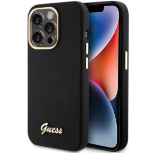 Guess Silicone Script Metal Logo & Frame iPhone 15 Pro Max Case - Blackeng