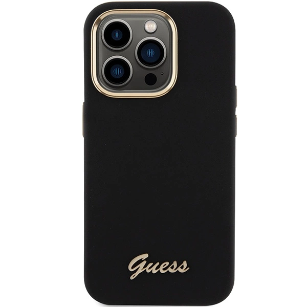 Guess Silicone Script Metal Logo & Frame iPhone 15 Pro Max Case - Blackeng