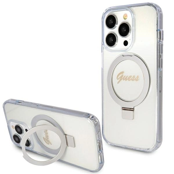Guess Ring Stand Script Glitter MagSafe case for iPhone 15 Pro - transparenteng