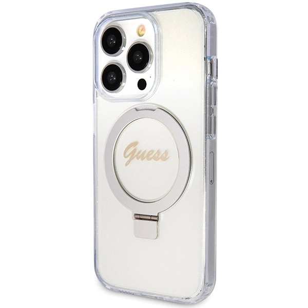 Guess Ring Stand Script Glitter MagSafe case for iPhone 15 Pro - transparenteng