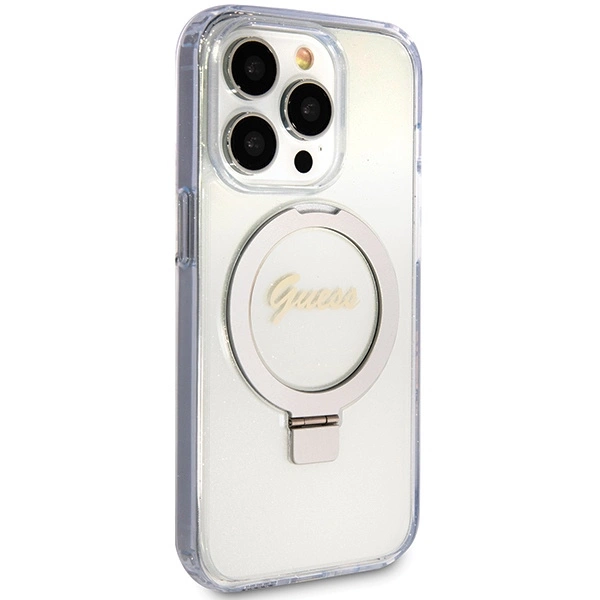 Guess Ring Stand Script Glitter MagSafe case for iPhone 15 Pro - transparenteng