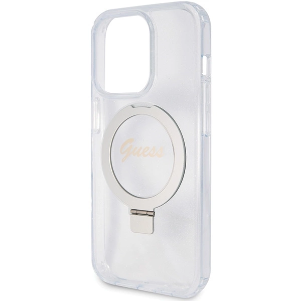 Guess Ring Stand Script Glitter MagSafe case for iPhone 15 Pro - transparenteng