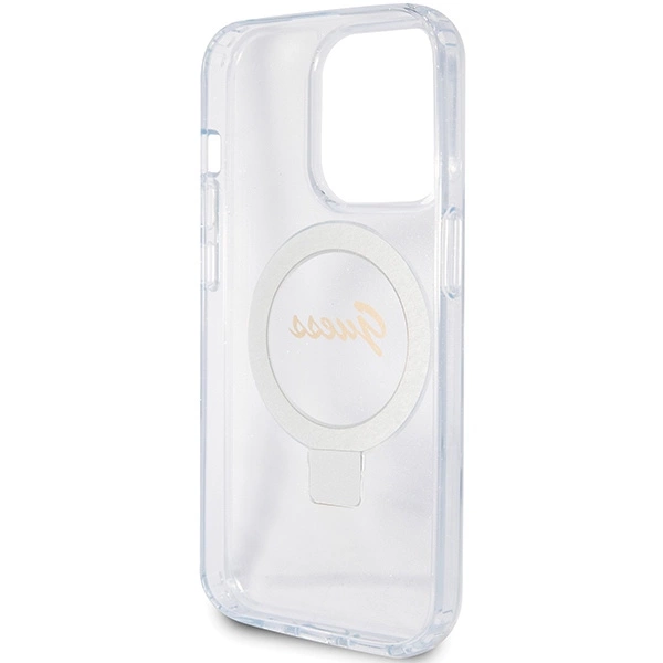Guess Ring Stand Script Glitter MagSafe case for iPhone 15 Pro - transparenteng