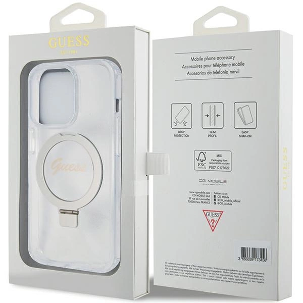 Guess Ring Stand Script Glitter MagSafe case for iPhone 15 Pro - transparenteng