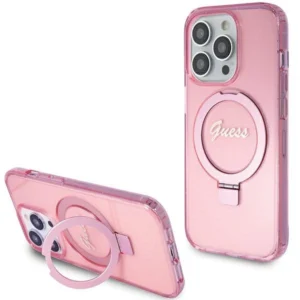 Guess Ring Stand Script Glitter MagSafe case for iPhone 15 Pro - pinkeng