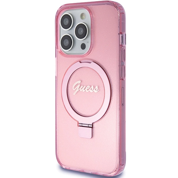 Guess Ring Stand Script Glitter MagSafe case for iPhone 15 Pro - pinkeng