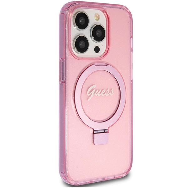 Guess Ring Stand Script Glitter MagSafe case for iPhone 15 Pro - pinkeng
