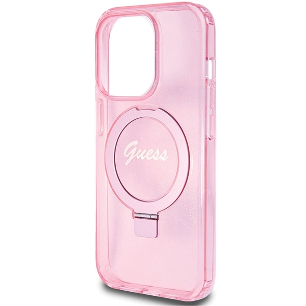 Guess Ring Stand Script Glitter MagSafe case for iPhone 15 Pro - pinkeng