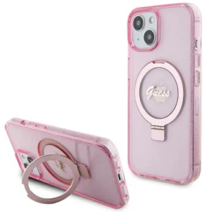 Guess Ring Stand Script Glitter MagSafe case for iPhone 15 Plus / 14 Plus - pinkeng