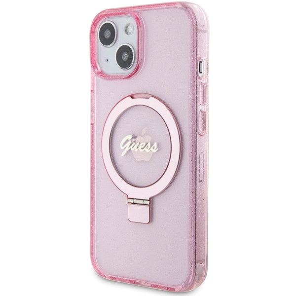 Guess Ring Stand Script Glitter MagSafe case for iPhone 15 Plus / 14 Plus - pinkeng