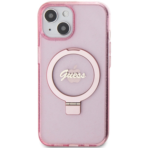 Guess Ring Stand Script Glitter MagSafe case for iPhone 15 Plus / 14 Plus - pinkeng