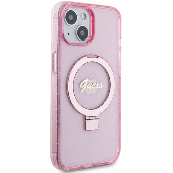 Guess Ring Stand Script Glitter MagSafe case for iPhone 15 Plus / 14 Plus - pinkeng
