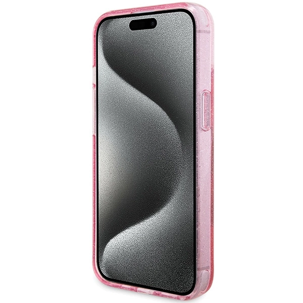 Guess Ring Stand Script Glitter MagSafe case for iPhone 15 Plus / 14 Plus - pinkeng