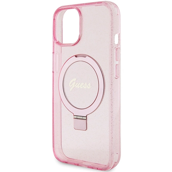 Guess Ring Stand Script Glitter MagSafe case for iPhone 15 Plus / 14 Plus - pinkeng