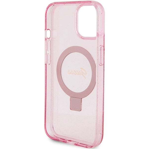 Guess Ring Stand Script Glitter MagSafe case for iPhone 15 Plus / 14 Plus - pinkeng