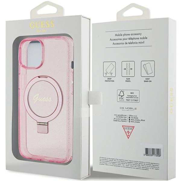 Guess Ring Stand Script Glitter MagSafe case for iPhone 15 Plus / 14 Plus - pinkeng