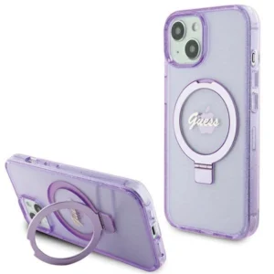 Guess Ring Stand Script Glitter MagSafe case for iPhone 15 Plus / 14 Plus - purpleeng