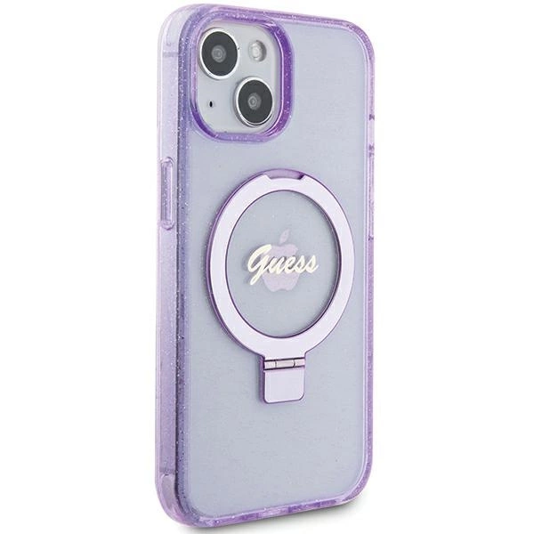 Guess Ring Stand Script Glitter MagSafe case for iPhone 15 Plus / 14 Plus - purpleeng