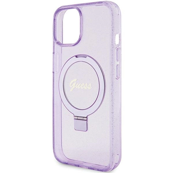 Guess Ring Stand Script Glitter MagSafe case for iPhone 15 Plus / 14 Plus - purpleeng