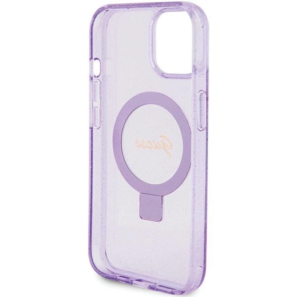 Guess Ring Stand Script Glitter MagSafe case for iPhone 15 Plus / 14 Plus - purpleeng