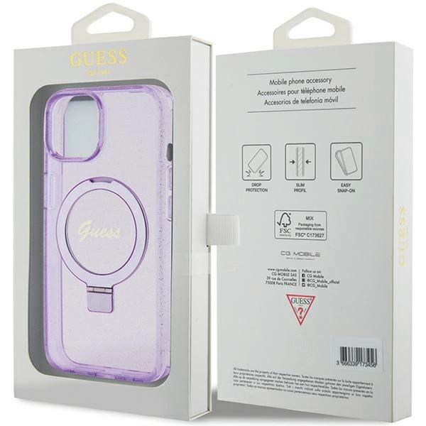 Guess Ring Stand Script Glitter MagSafe case for iPhone 15 Plus / 14 Plus - purpleeng