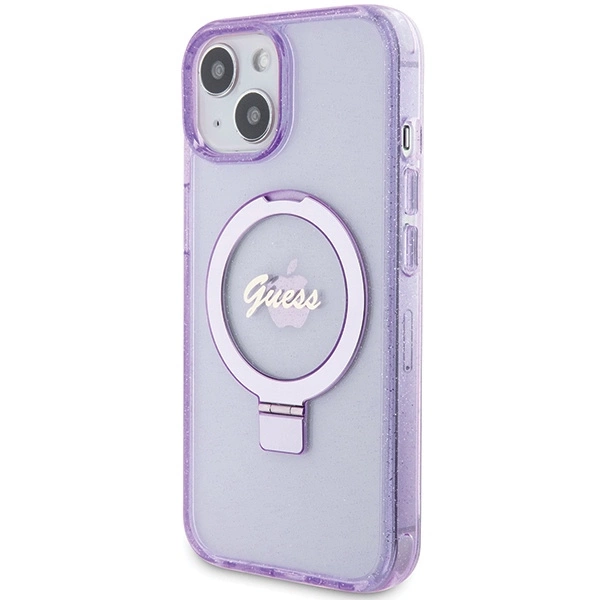 Guess Ring Stand Script Glitter MagSafe case for iPhone 15 - purpleeng