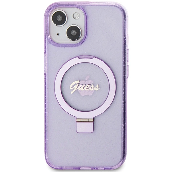 Guess Ring Stand Script Glitter MagSafe case for iPhone 15 - purpleeng