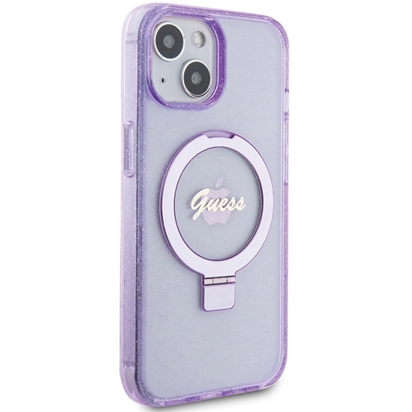 Guess Ring Stand Script Glitter MagSafe case for iPhone 15 - purpleeng