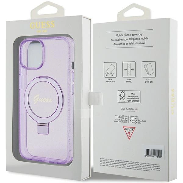 Guess Ring Stand Script Glitter MagSafe case for iPhone 15 - purpleeng