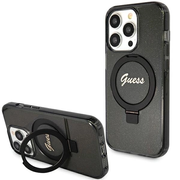 Guess Ring Stand Script Glitter MagSafe case for iPhone 15 Pro Max - blackeng