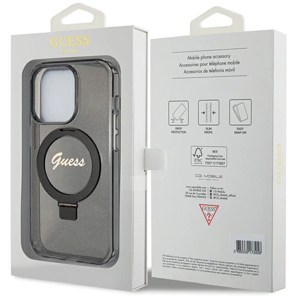 Guess Ring Stand Script Glitter MagSafe case for iPhone 15 Pro Max - blackeng