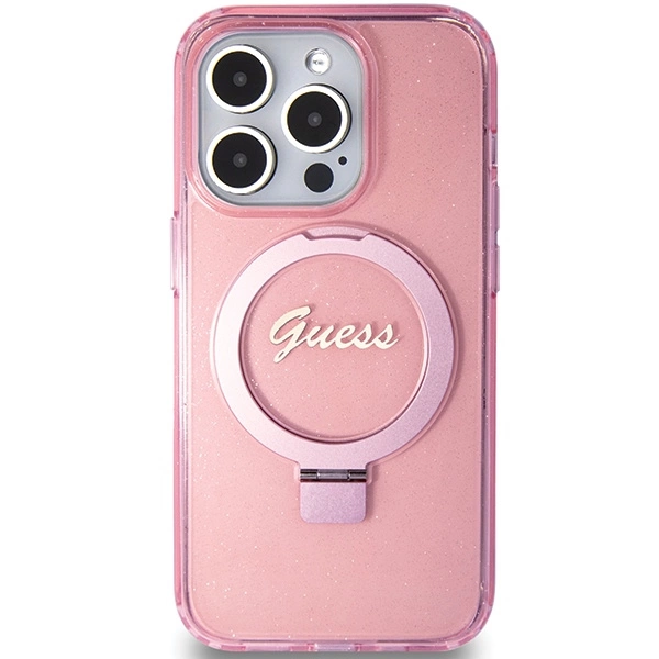Guess Ring Stand Script Glitter MagSafe case for iPhone 15 Pro Max - pinkeng