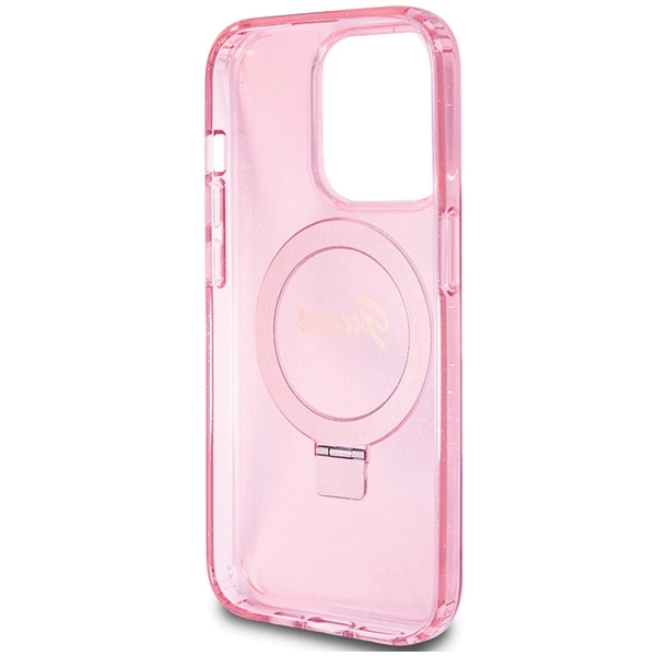 Guess Ring Stand Script Glitter MagSafe case for iPhone 15 Pro Max - pinkeng