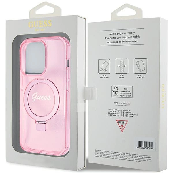 Guess Ring Stand Script Glitter MagSafe case for iPhone 15 Pro Max - pinkeng