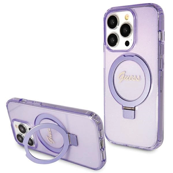 Guess Ring Stand Script Glitter MagSafe case for iPhone 15 Pro Max - purpleeng